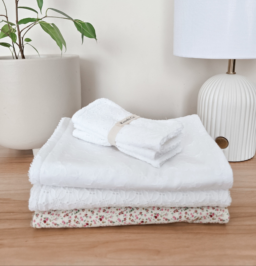 Handmade high quality burp cloths and face and body washers designed to be practical and aesthetic. Sets.