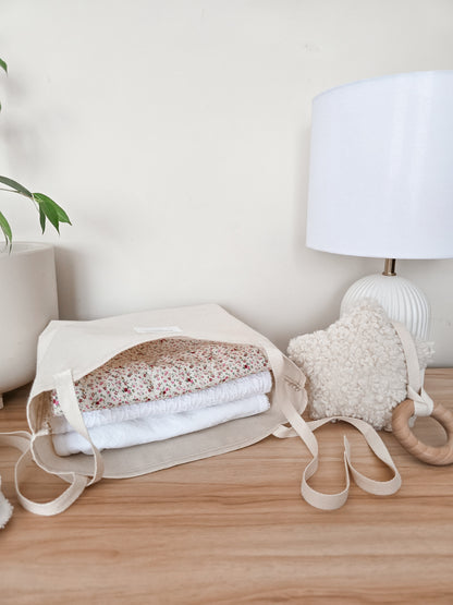 Handmade storage bag custom for burp cloths. Natural, minimal design. Perfect for gifting.